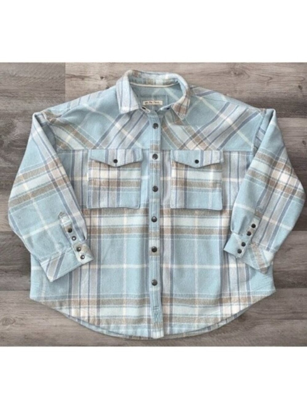 We The Free Shacket Cabin Point Snap Jacket Blue Cream Brown Plaid Flannel Large